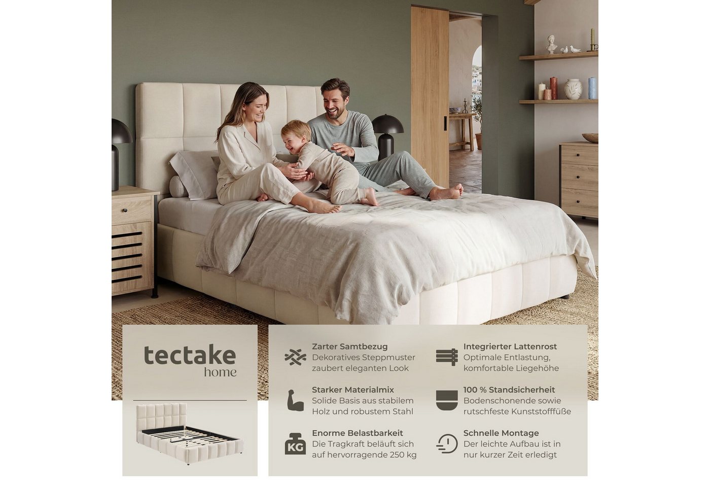 tectake Polsterbett Bettgestell mit Stahlgestell, Belastbarkeit 250 kg, pflegeleicht (Doppelbett Shirley, mit Steppmuster in Samtoptik sand), bodenschonende Kun – Bild 2 von 5
