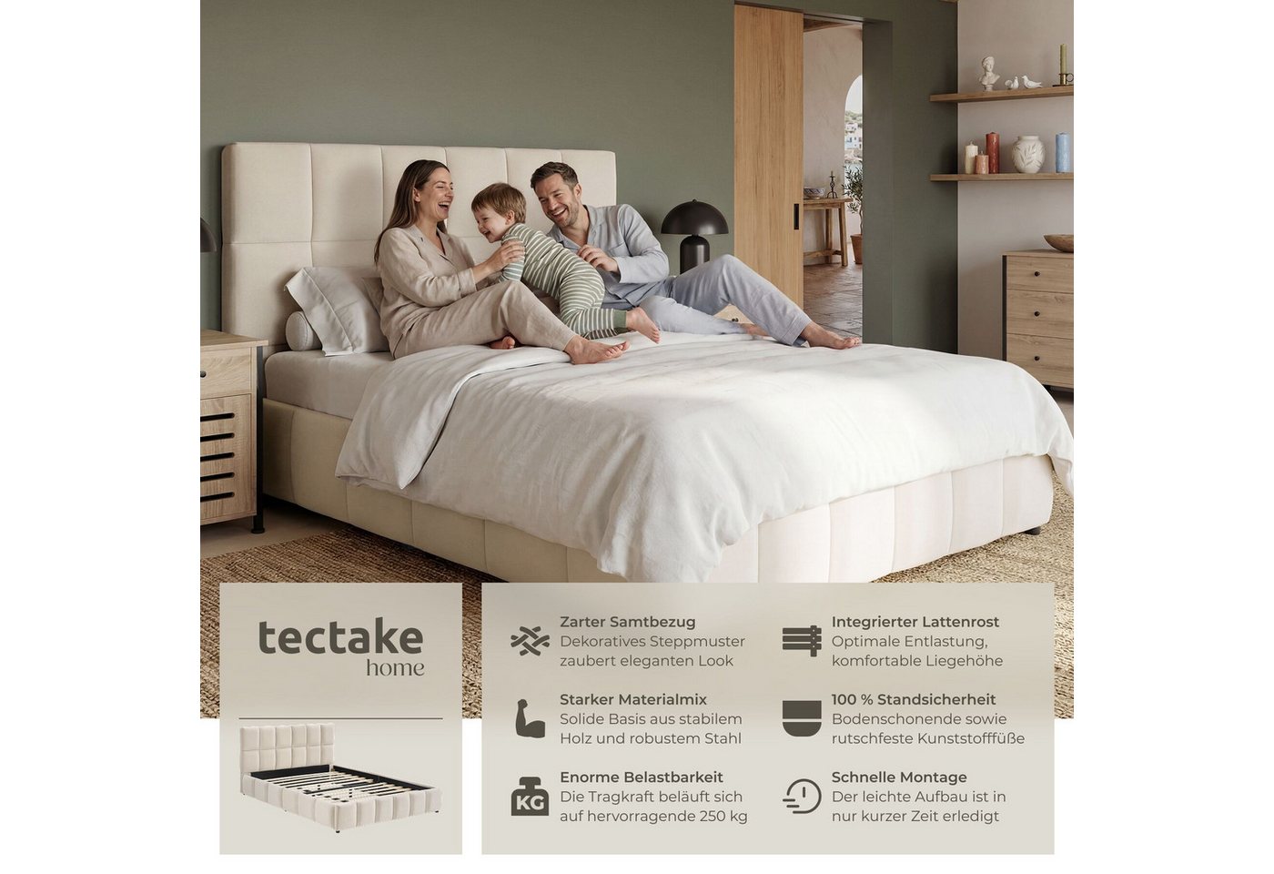 tectake Polsterbett Bettgestell mit Stahlgestell, Belastbarkeit 250 kg, pflegeleicht (Doppelbett Shirley, mit Steppmuster in Samtoptik sand), bodenschonende Kun – Bild 2 von 5