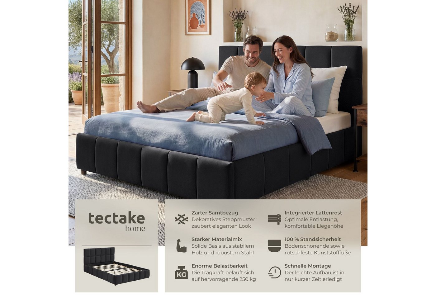 tectake Polsterbett Bettgestell mit Stahlgestell, Belastbarkeit 250 kg, pflegeleicht (Doppelbett Shirley, mit Steppmuster in Samtoptik schwarz), bodenschonende  – Bild 2 von 5