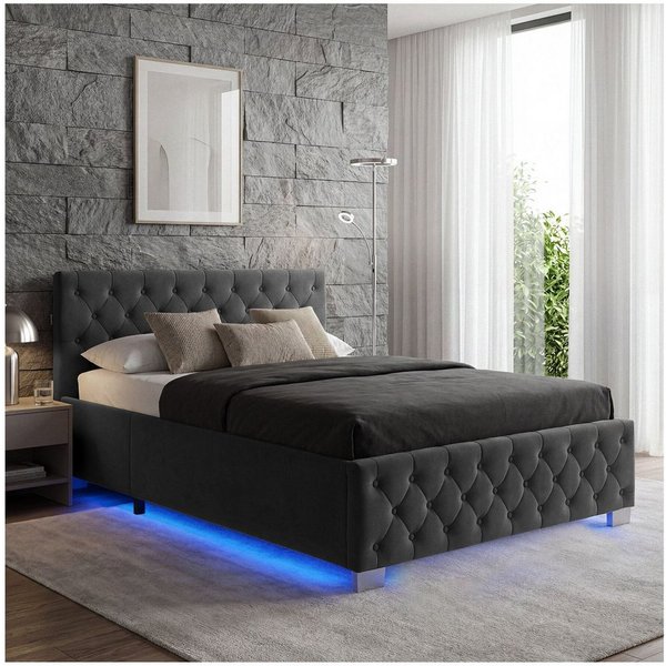 tectake Polsterbett Komfortbett mit LED-Leisten & Stauraum - Samtoptik mit Steppmuster (Bettset, in Samtoptik Schwarz), stabiler Stahlrahmen, Belastbarkeit 250 