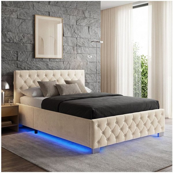 tectake Polsterbett Komfortbett mit LED-Leisten & Stauraum - Samtoptik mit Steppmuster (Bettset mit Matratze, in Samtoptik Sand), Matratze mit Komfortschaumkern