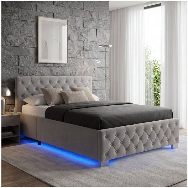 tectake Polsterbett Komfortbett mit LED-Leisten & Stauraum - Samtoptik mit Steppmuster (Bettset, in Dunkelgrau), stabiler Stahlrahmen, Belastbarkeit 300 kg