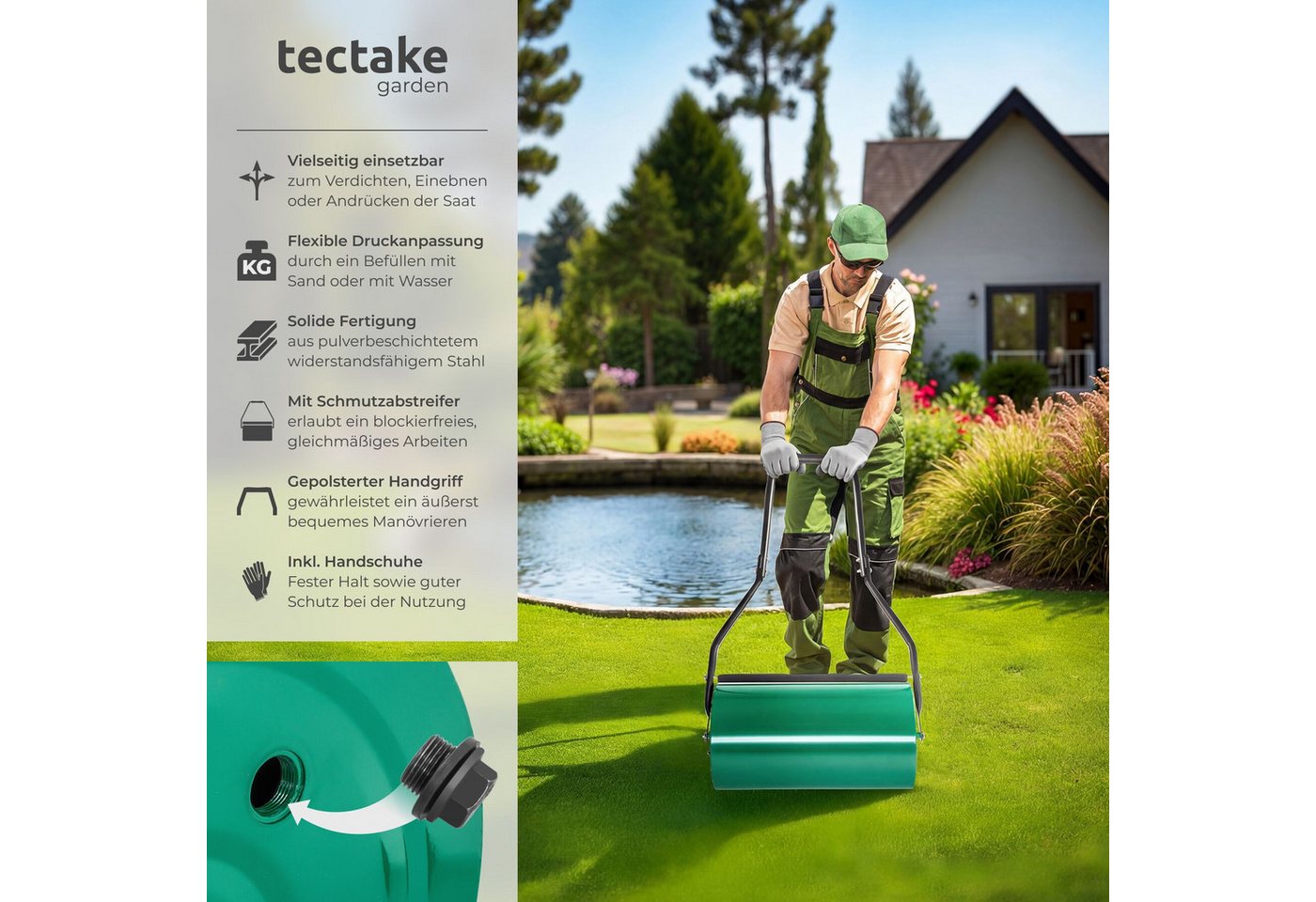 tectake Rasenwalze Gartenrolle, 60 cm Arbeitsbreite, Ø 31 cm, mit 50 l Füllvolumen, 60,00 cm, Gartenwalze, in grün,mit praktischem Schmutzabweiser und komfortab – Bild 2 von 5