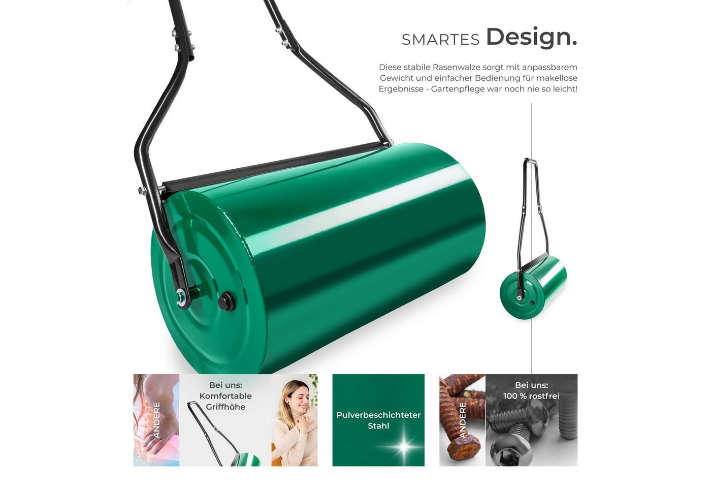 tectake Rasenwalze Gartenrolle, 60 cm Arbeitsbreite, Ø 31 cm, mit 50 l Füllvolumen, 60,00 cm, Gartenwalze, in grün,mit praktischem Schmutzabweiser und komfortab – Bild 3 von 5