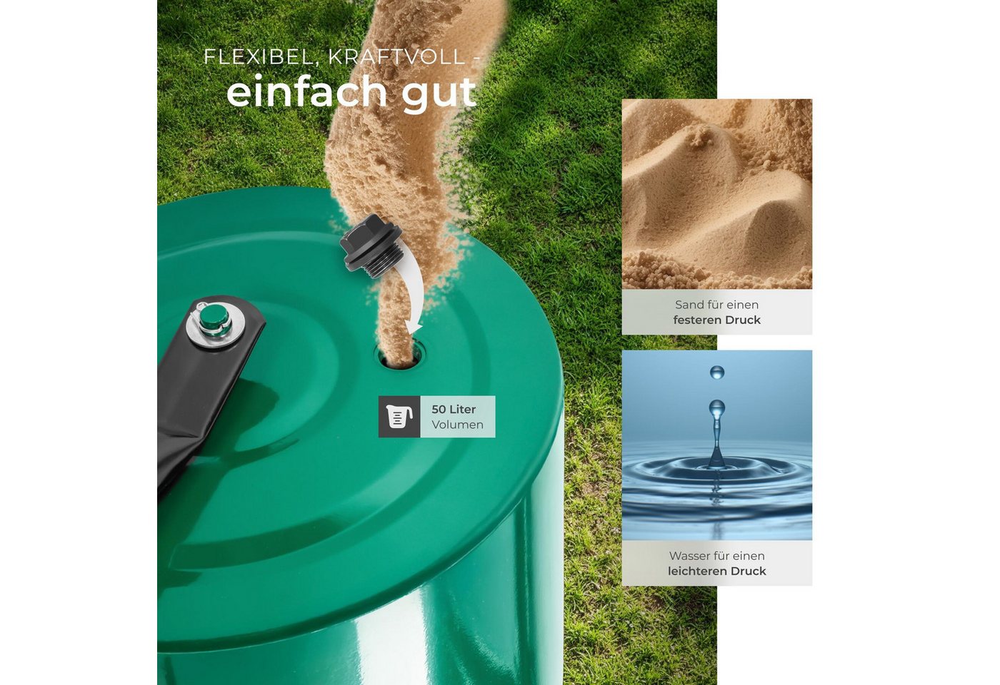 tectake Rasenwalze Gartenrolle, 60 cm Arbeitsbreite, Ø 31 cm, mit 50 l Füllvolumen, 60,00 cm, Gartenwalze, in grün,mit praktischem Schmutzabweiser und komfortab – Bild 4 von 5