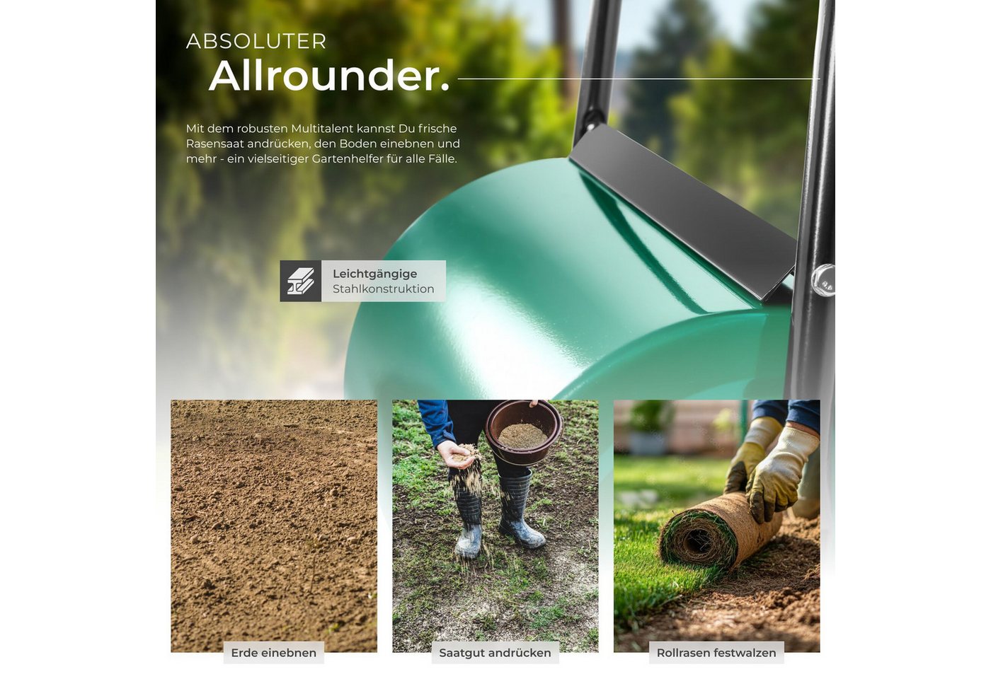 tectake Rasenwalze Gartenrolle, 60 cm Arbeitsbreite, Ø 31 cm, mit 50 l Füllvolumen, 60,00 cm, Gartenwalze, in grün,mit praktischem Schmutzabweiser und komfortab – Bild 5 von 5