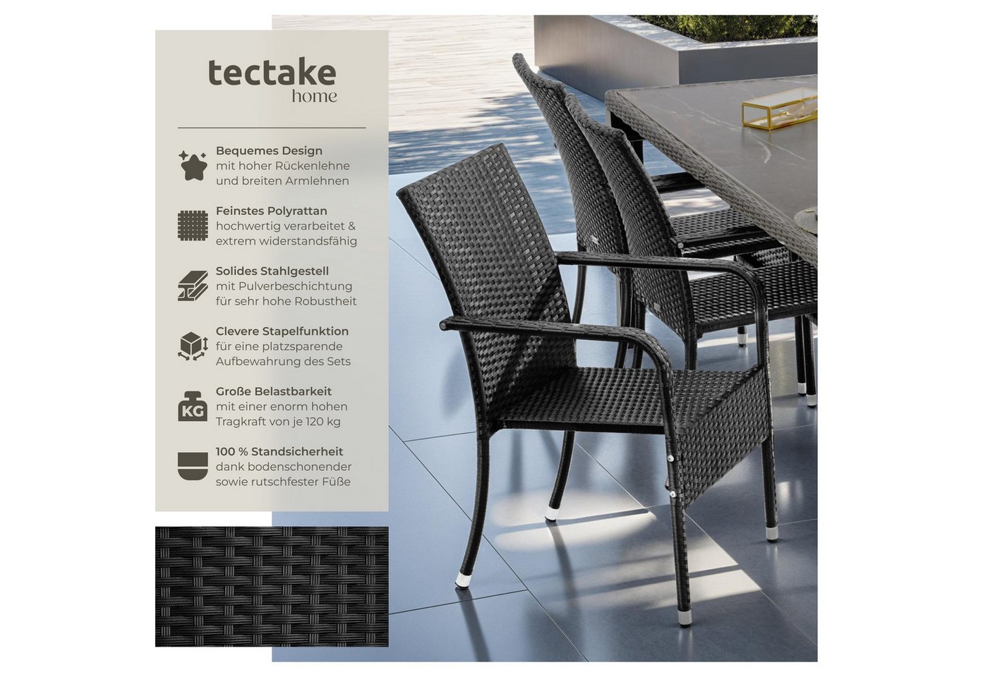 tectake Rattanstuhl Gartenstuhl, 58 x 67 x 90 cm, stapelbar, Belastbarkeit 120 kg (Balkonstuhl Girona, 2 St), Pulverbeschichtetes Stahlgestell für enorme Stabil – Bild 2 von 5