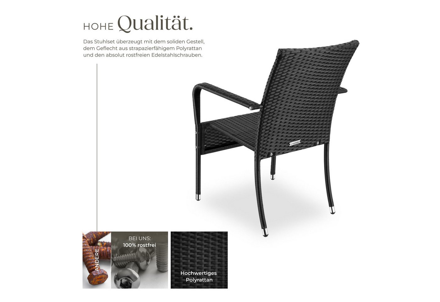 tectake Rattanstuhl Gartenstuhl, 58 x 67 x 90 cm, stapelbar, Belastbarkeit 120 kg (Balkonstuhl Girona, 2 St), Pulverbeschichtetes Stahlgestell für enorme Stabil – Bild 3 von 5