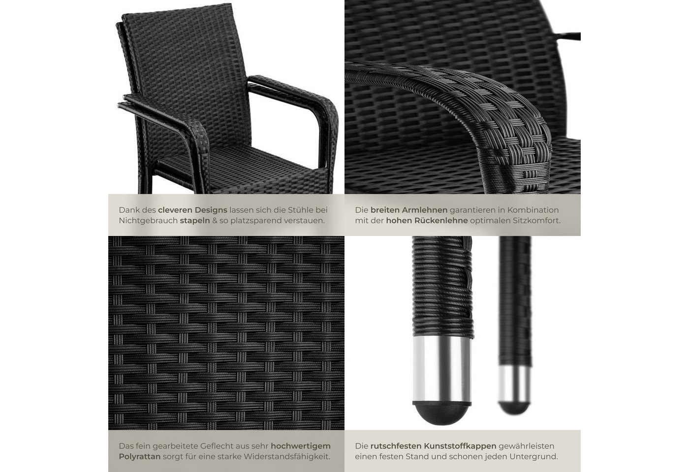 tectake Rattanstuhl Gartenstuhl, 58 x 67 x 90 cm, stapelbar, Belastbarkeit 120 kg (Balkonstuhl Girona, 2 St), Pulverbeschichtetes Stahlgestell für enorme Stabil – Bild 4 von 5