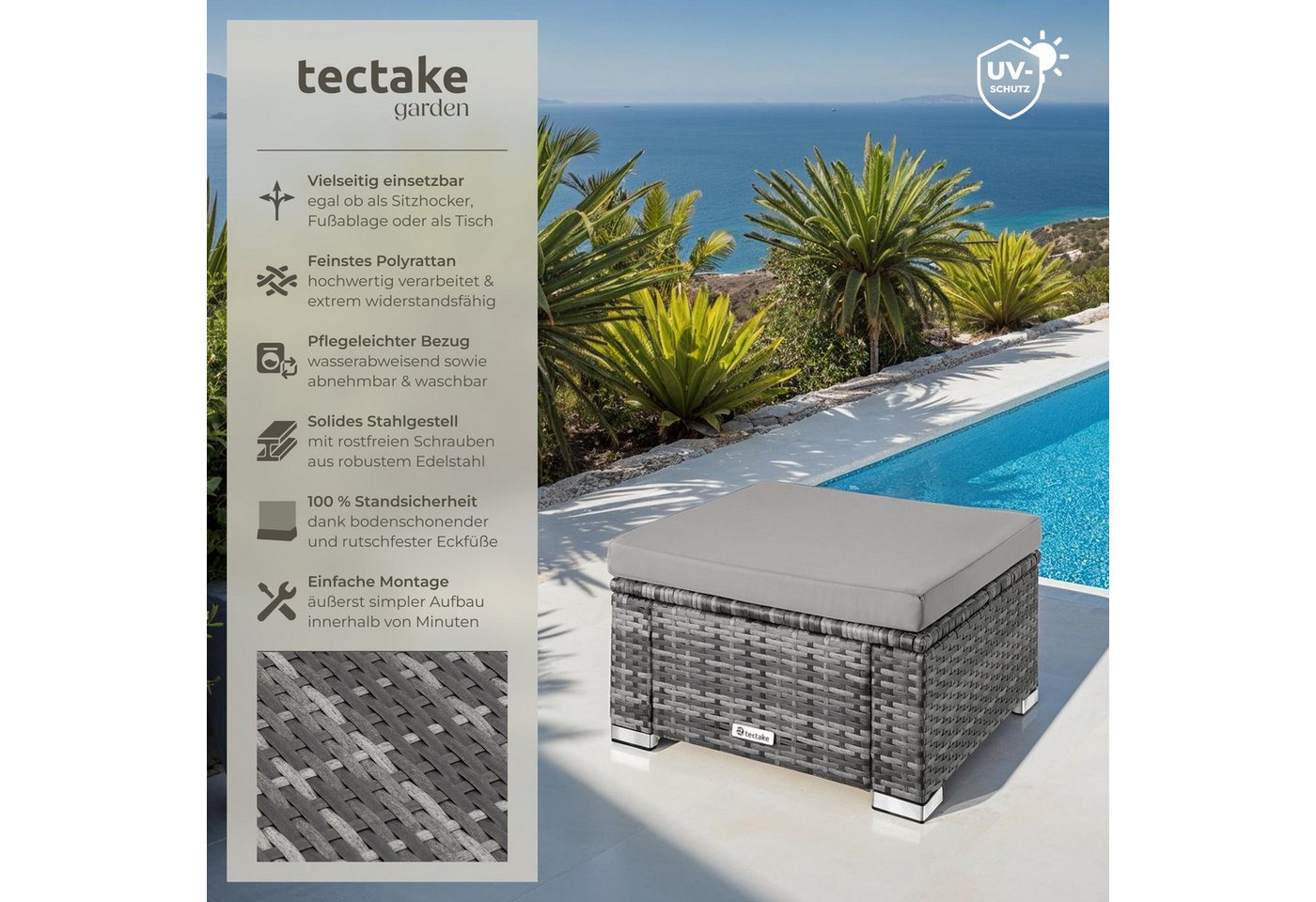 tectake Rattanstuhl Rattan-Sitzhocker, 53 x 53 x 26 cm, einfach aufzubauen und robust (Gartenhocker Bitonto, 1 St), Robuste Konstruktion – Bild 2 von 5