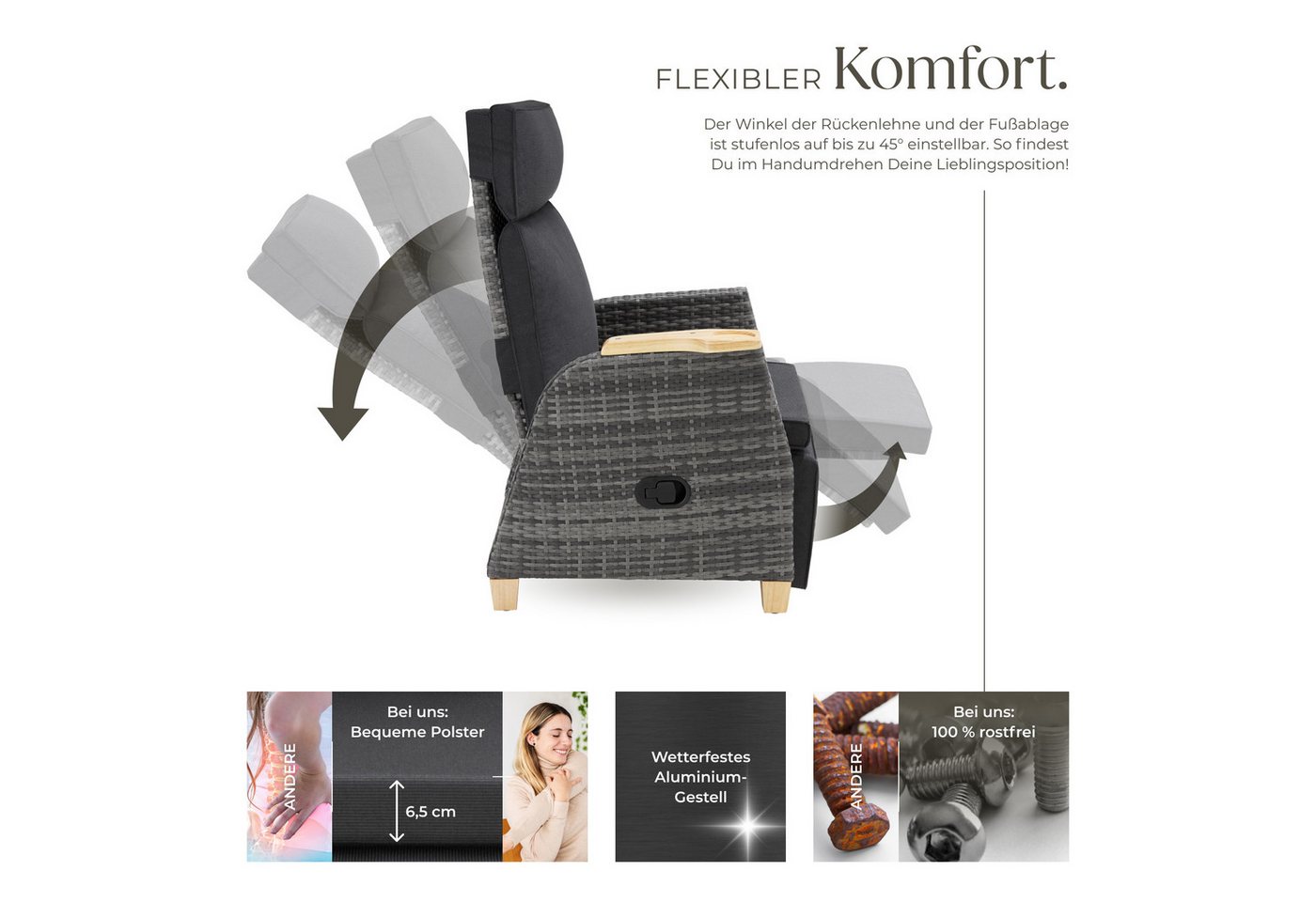 tectake Rattanstuhl Rattansessel Pescara mit Aluminiumgestell, Lehne verstellbar (Set, 1 St), Stabiles und belastbares Gestell aus leichtem & rostfreiem Alumini – Bild 3 von 5