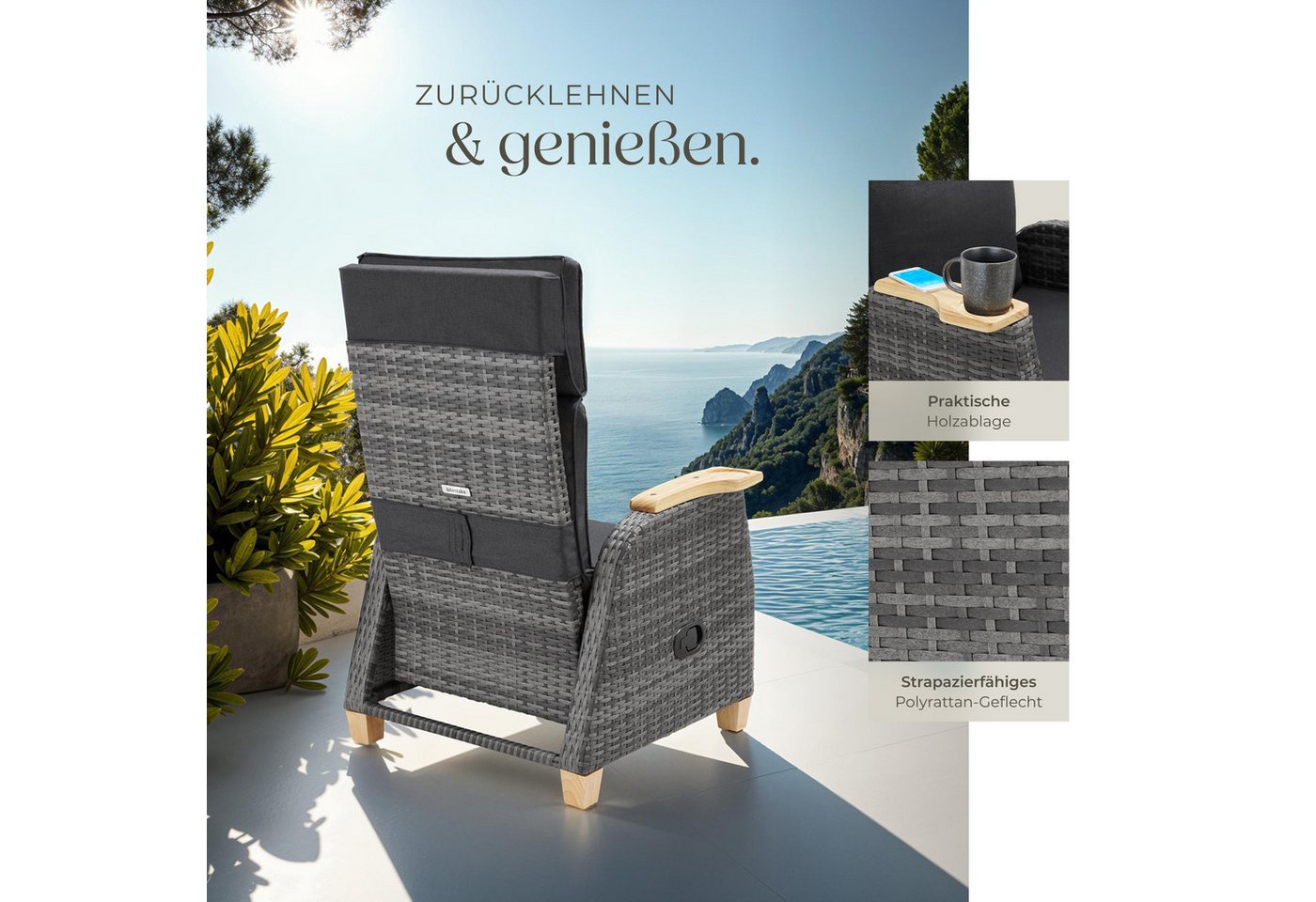 tectake Rattanstuhl Rattansessel Pescara mit Aluminiumgestell, Lehne verstellbar (Set, 1 St), Stabiles und belastbares Gestell aus leichtem & rostfreiem Alumini – Bild 4 von 5
