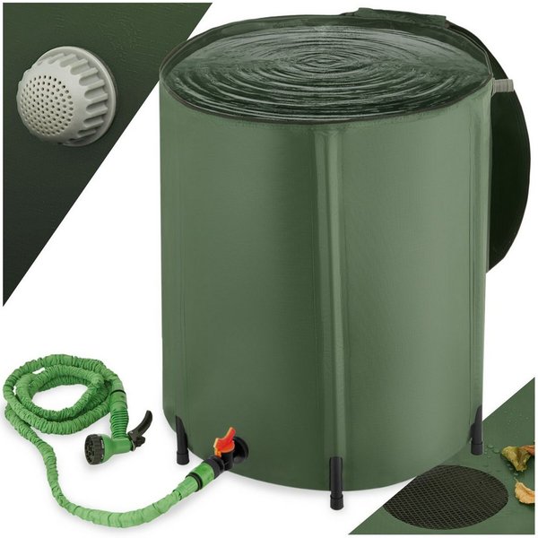 tectake Regentonne Faltbare Wassertonne mit abnehmbarer Oberseite und Überlaufschutz, 200 l, (Regenwassertank, in grün), wetterbeständig, mit Wasserhahn und pra