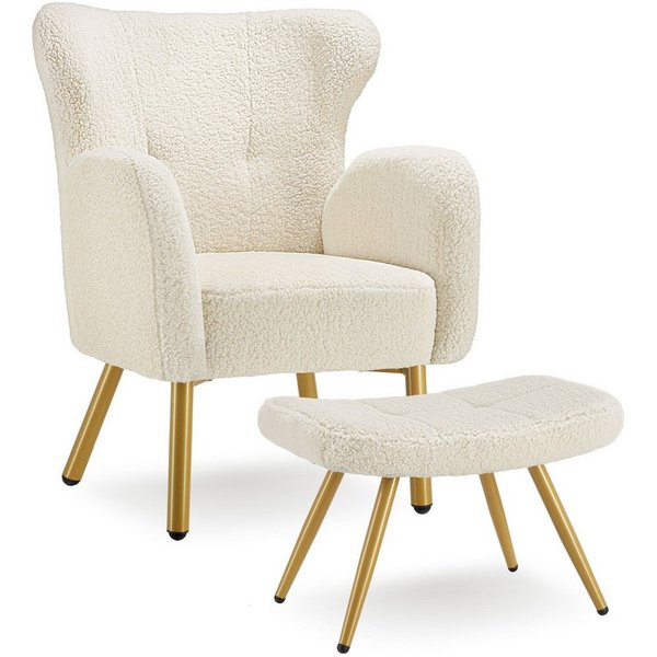 tectake Relaxsessel Bouclé Sessel mit Hocker, dick gepolstert, ergonomische Rückenlehne (Sessel Mit Fußhocker Vänersborg, in Bouclé creme/gold), Runde Stahlbein