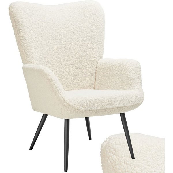 tectake Relaxsessel Gepolsterter Armlehnsessel mit ergonomischer Rückenlehne, Stahlbeine (Ohrensessel Hygge, in Bouclé creme/schwarz), Belastbarkeit 150 kg, bod