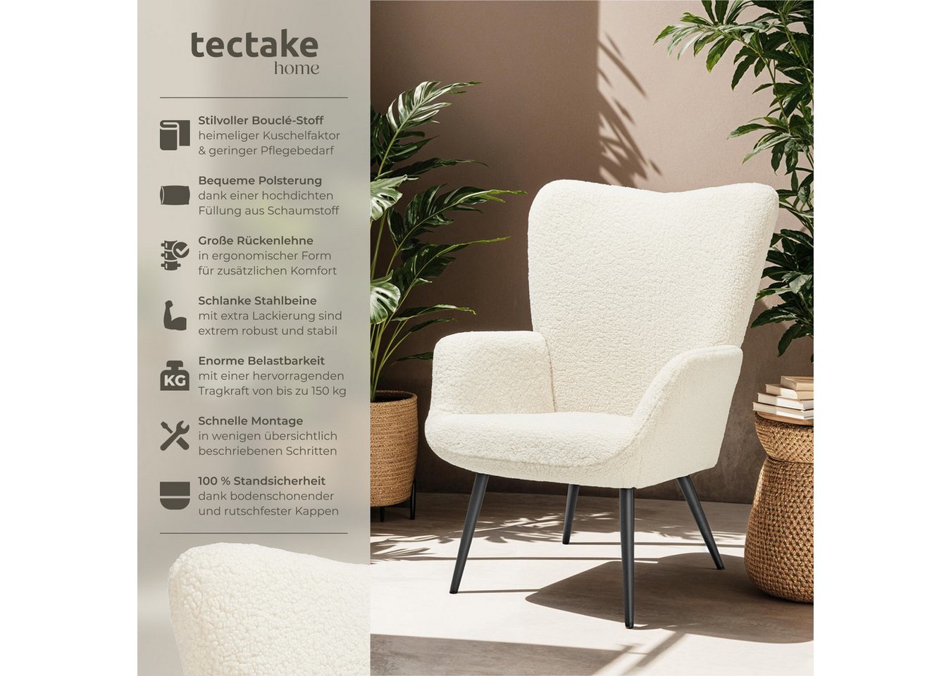 tectake Relaxsessel Gepolsterter Armlehnsessel mit ergonomischer Rückenlehne, Stahlbeine (Ohrensessel Hygge, in Bouclé creme/schwarz), Belastbarkeit 150 kg, bod – Bild 2 von 5