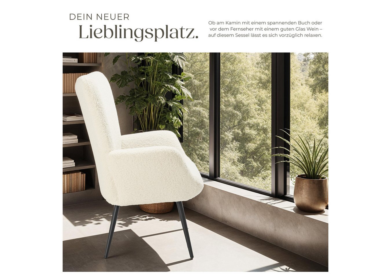 tectake Relaxsessel Gepolsterter Armlehnsessel mit ergonomischer Rückenlehne, Stahlbeine (Ohrensessel Hygge, in Bouclé creme/schwarz), Belastbarkeit 150 kg, bod – Bild 3 von 5