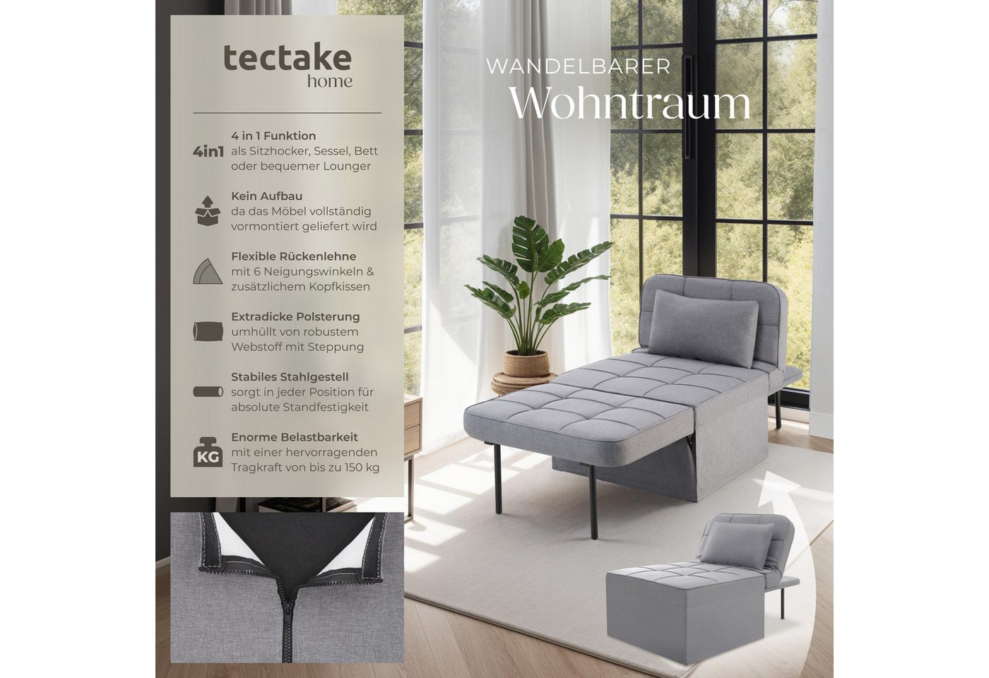 tectake Relaxsessel gepolsterter Schlafhocker mit extra Kopfkissen, Belastbarkeit 150 kg (Schlafsessel Ponto, in Grau), 4 in 1, 6-fach verstellbare Rückenlehne, – Bild 2 von 5
