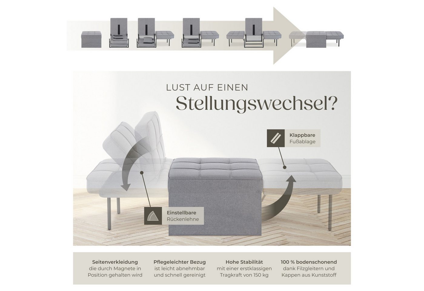 tectake Relaxsessel gepolsterter Schlafhocker mit extra Kopfkissen, Belastbarkeit 150 kg (Schlafsessel Ponto, in Grau), 4 in 1, 6-fach verstellbare Rückenlehne, – Bild 3 von 5