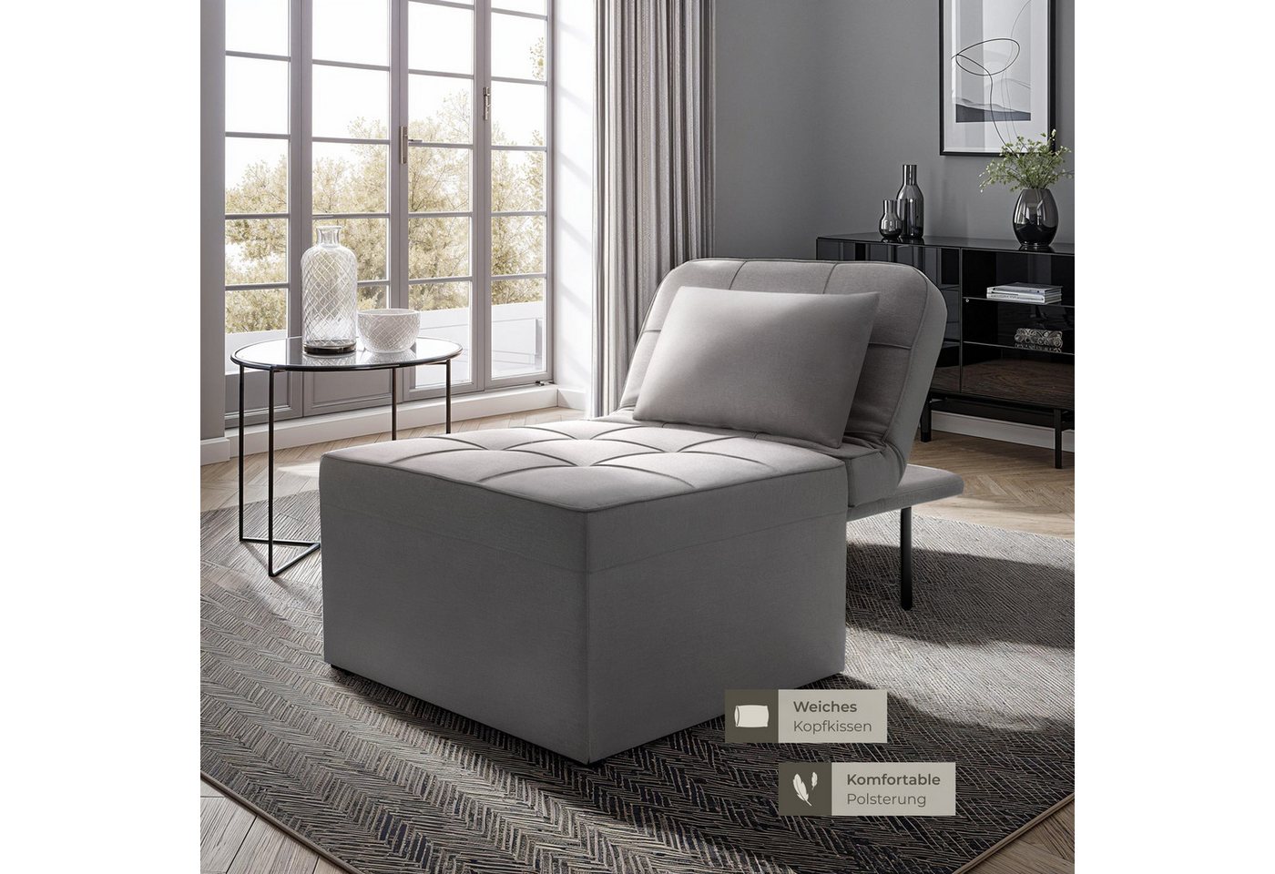 tectake Relaxsessel gepolsterter Schlafhocker mit extra Kopfkissen, Belastbarkeit 150 kg (Schlafsessel Ponto, in Grau), 4 in 1, 6-fach verstellbare Rückenlehne, – Bild 4 von 5