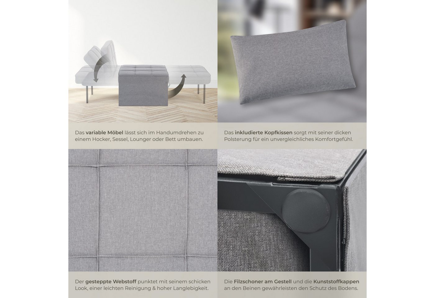 tectake Relaxsessel gepolsterter Schlafhocker mit extra Kopfkissen, Belastbarkeit 150 kg (Schlafsessel Ponto, in Grau), 4 in 1, 6-fach verstellbare Rückenlehne, – Bild 5 von 5