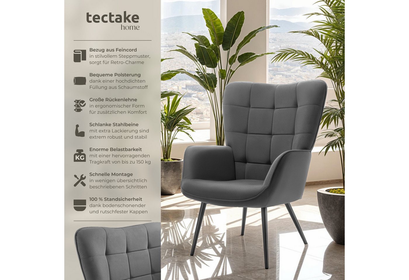 tectake Relaxsessel Polstersessel, bodenschonend, Belastbarkeit 150 kg, 72 x 76 x 100,5 (Fernsehsessel Hygge, in Feincord Anthrazit/Schwarz), gepolstert, Armleh – Bild 2 von 5