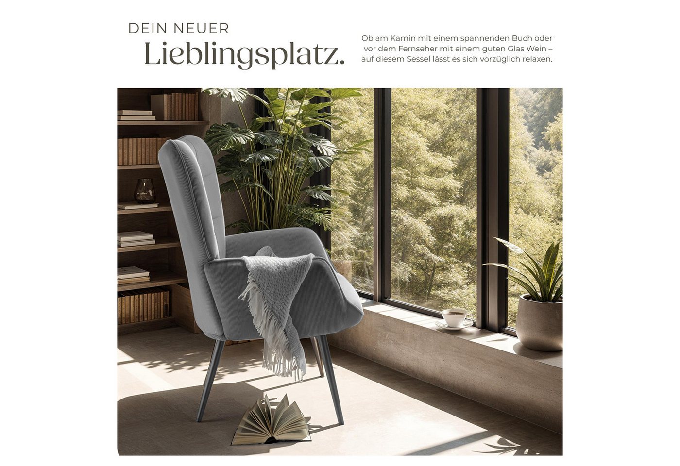tectake Relaxsessel Polstersessel, bodenschonend, Belastbarkeit 150 kg, 72 x 76 x 100,5 (Fernsehsessel Hygge, in Feincord Anthrazit/Schwarz), gepolstert, Armleh – Bild 3 von 5
