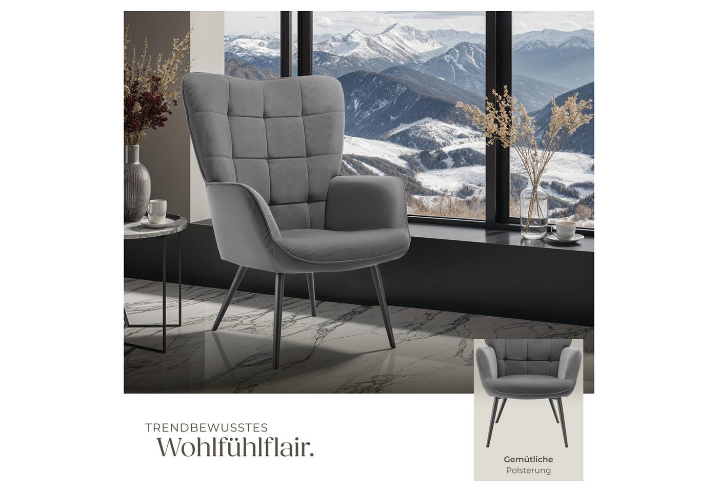 tectake Relaxsessel Polstersessel, bodenschonend, Belastbarkeit 150 kg, 72 x 76 x 100,5 (Fernsehsessel Hygge, in Feincord Anthrazit/Schwarz), gepolstert, Armleh – Bild 4 von 5
