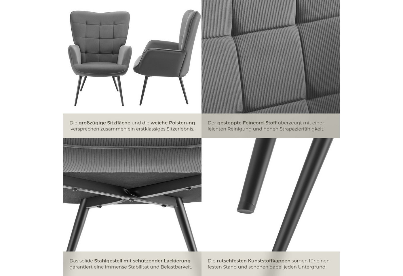 tectake Relaxsessel Polstersessel, bodenschonend, Belastbarkeit 150 kg, 72 x 76 x 100,5 (Fernsehsessel Hygge, in Feincord Anthrazit/Schwarz), gepolstert, Armleh – Bild 5 von 5
