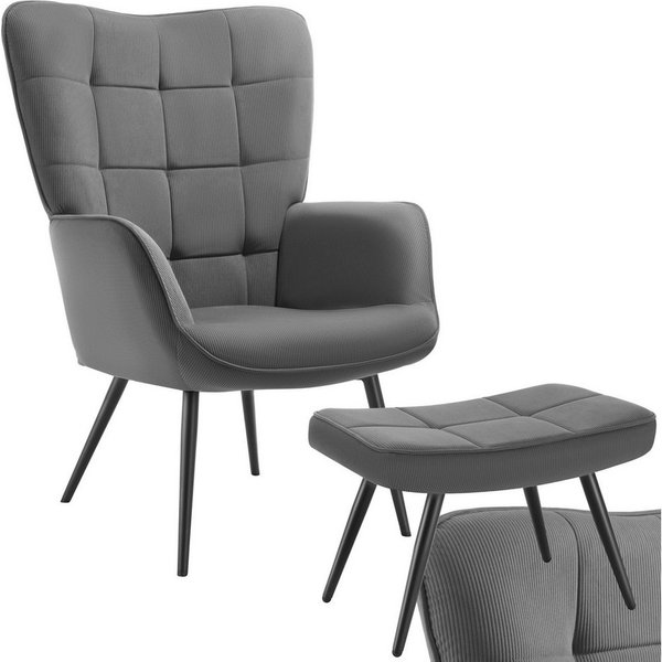 tectake Relaxsessel Polstersessel, bodenschonend, Belastbarkeit 150 kg, 72 x 76 x 100,5 (Fernsehsessel Hygge, in Feincord Anthrazit/Schwarz), gepolstert, Armleh