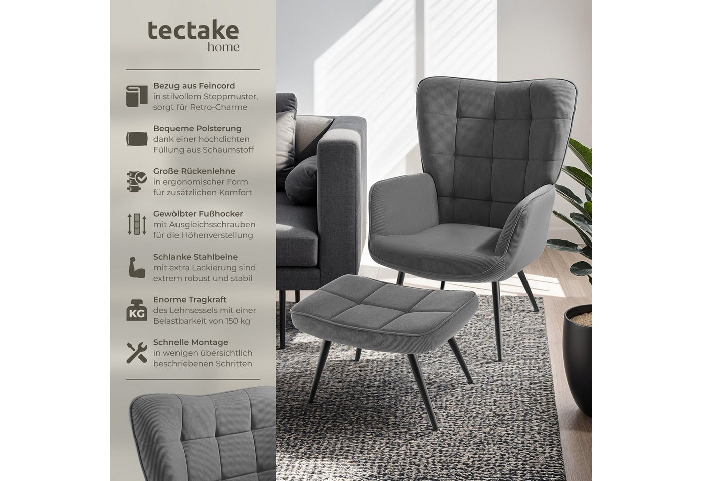 tectake Relaxsessel Polstersessel, bodenschonend, Belastbarkeit 150 kg, 72 x 76 x 100,5 (Fernsehsessel Hygge, in Feincord Anthrazit/Schwarz), gepolstert, Armleh – Bild 2 von 5