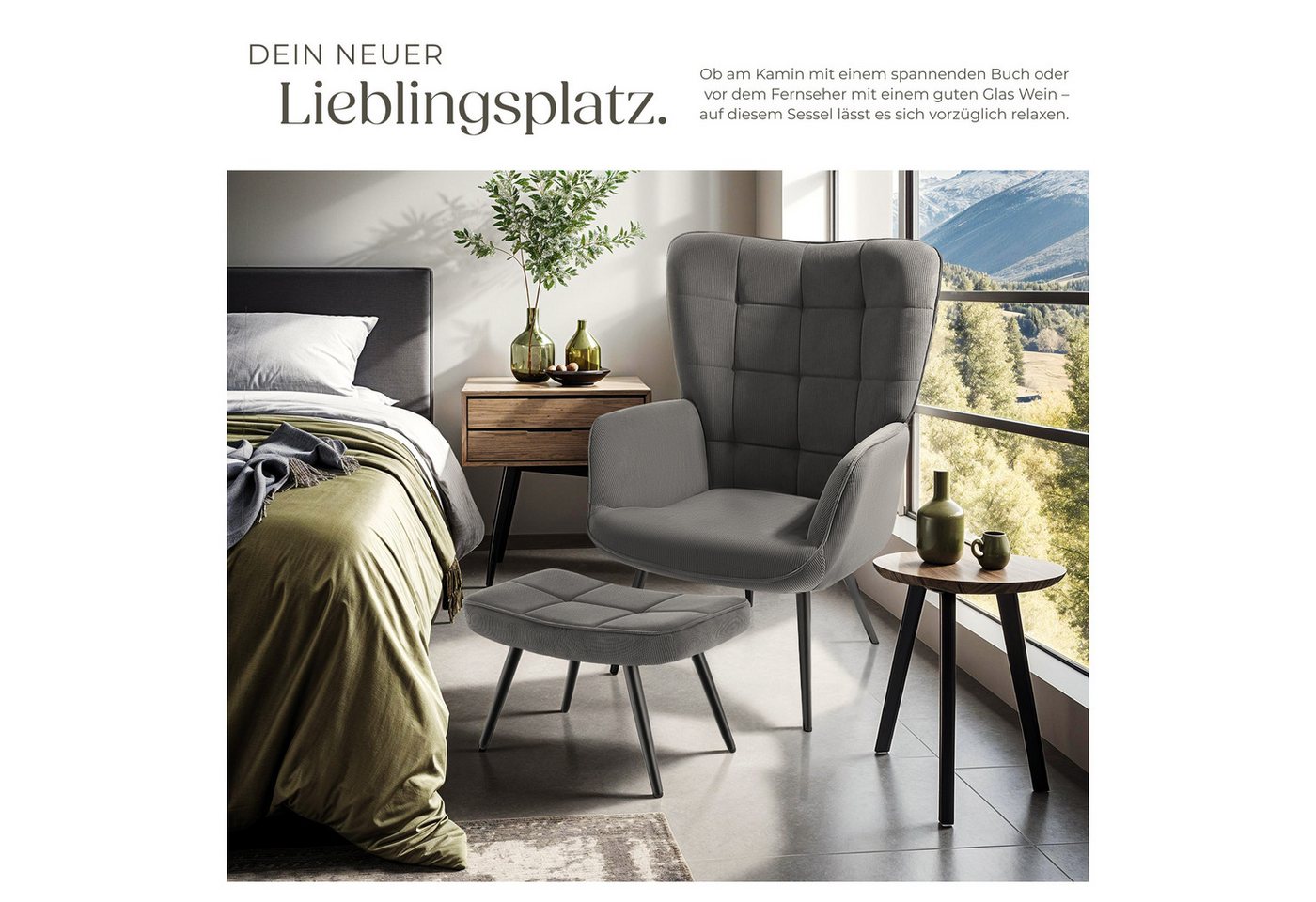 tectake Relaxsessel Polstersessel, bodenschonend, Belastbarkeit 150 kg, 72 x 76 x 100,5 (Fernsehsessel Hygge, in Feincord Anthrazit/Schwarz), gepolstert, Armleh – Bild 3 von 5