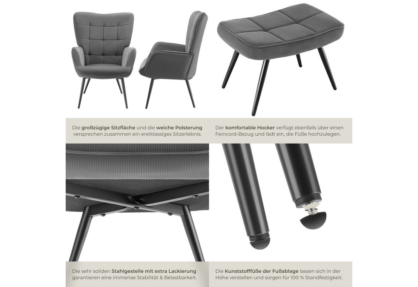 tectake Relaxsessel Polstersessel, bodenschonend, Belastbarkeit 150 kg, 72 x 76 x 100,5 (Fernsehsessel Hygge, in Feincord Anthrazit/Schwarz), gepolstert, Armleh – Bild 5 von 5