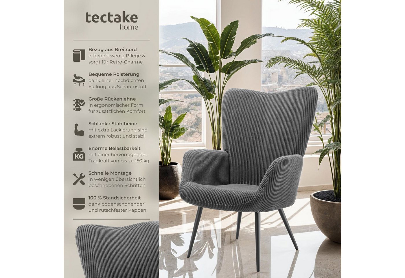 tectake Relaxsessel Polstersessel, bodenschonend, Belastbarkeit 150 kg, 72 x 76 x 100,5 (Fernsehsessel Hygge, in Breitcord Anthrazit/Schwarz), gepolstert, Armle – Bild 2 von 5