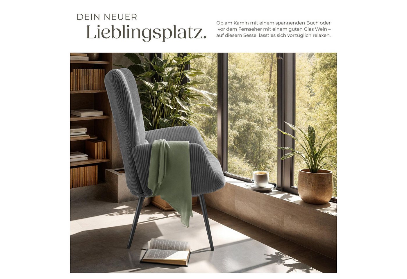 tectake Relaxsessel Polstersessel, bodenschonend, Belastbarkeit 150 kg, 72 x 76 x 100,5 (Fernsehsessel Hygge, in Breitcord Anthrazit/Schwarz), gepolstert, Armle – Bild 3 von 5