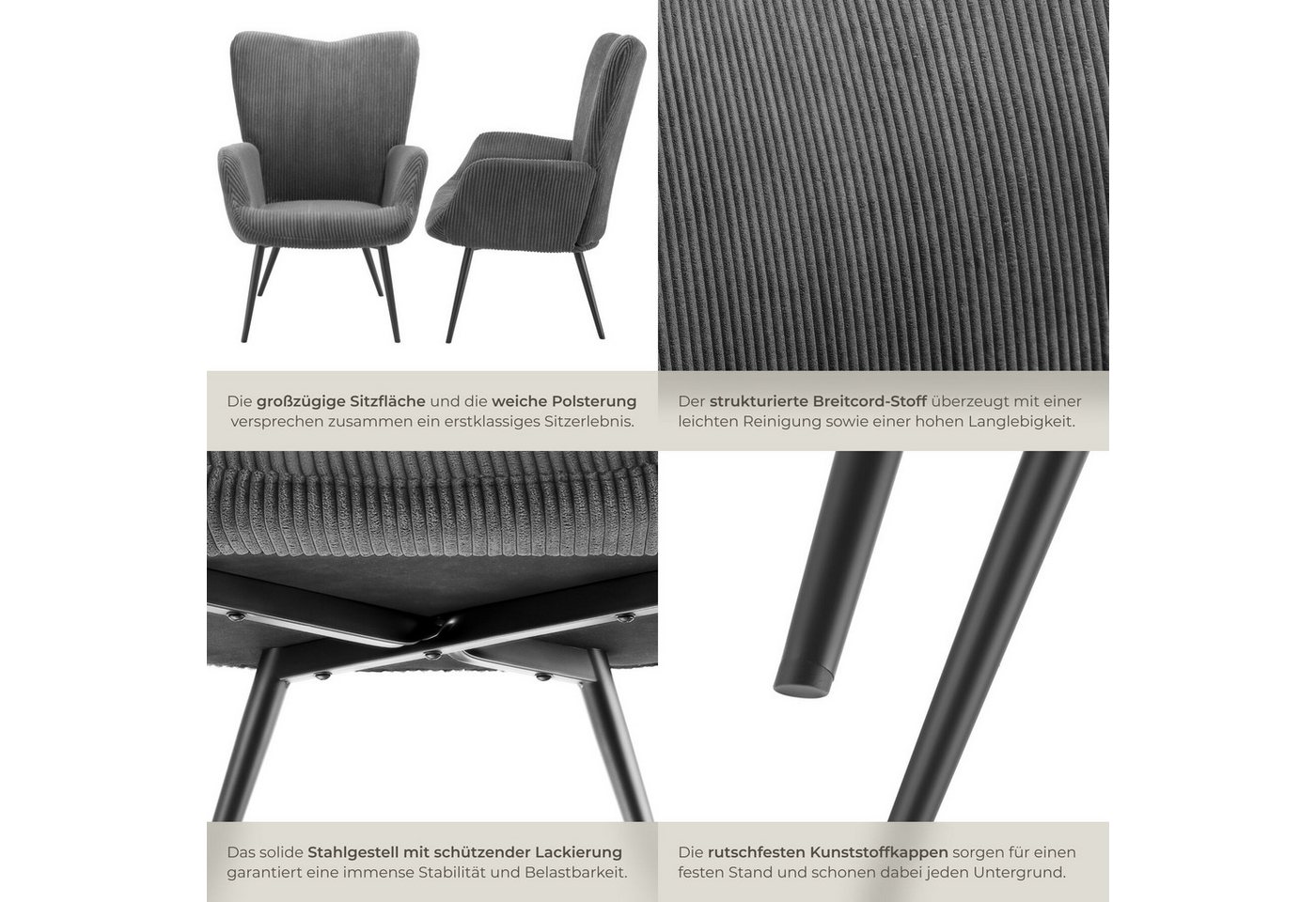 tectake Relaxsessel Polstersessel, bodenschonend, Belastbarkeit 150 kg, 72 x 76 x 100,5 (Fernsehsessel Hygge, in Breitcord Anthrazit/Schwarz), gepolstert, Armle – Bild 5 von 5