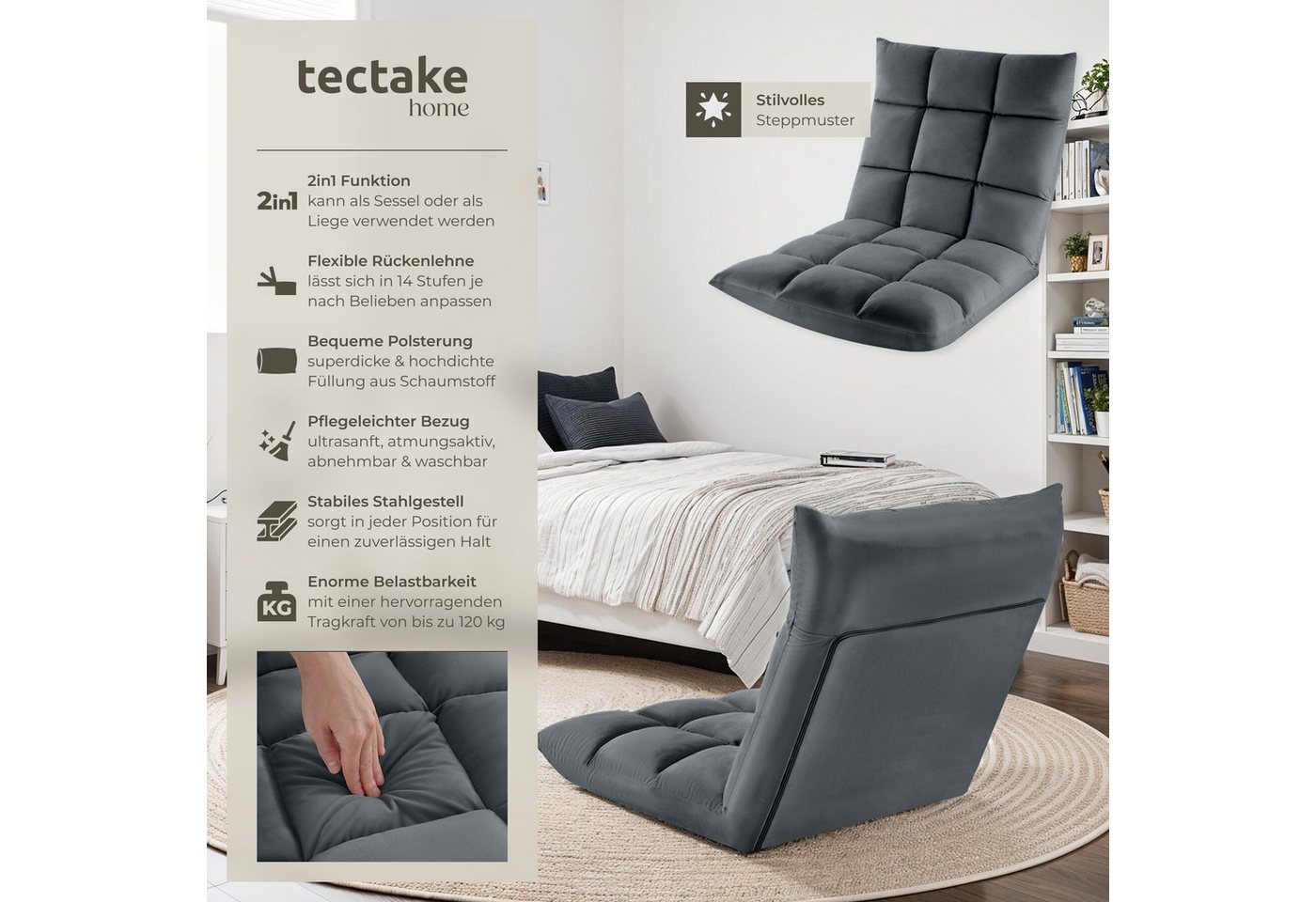 tectake Relaxsessel Polstersessel mit Samtbezug, Belastbarkeit 120 kg, 108 x 57 x 13,5 (Fernsehsessel Snooze, in Grau), 2 in 1, gepolstert, verstellbare Rückenl – Bild 2 von 5