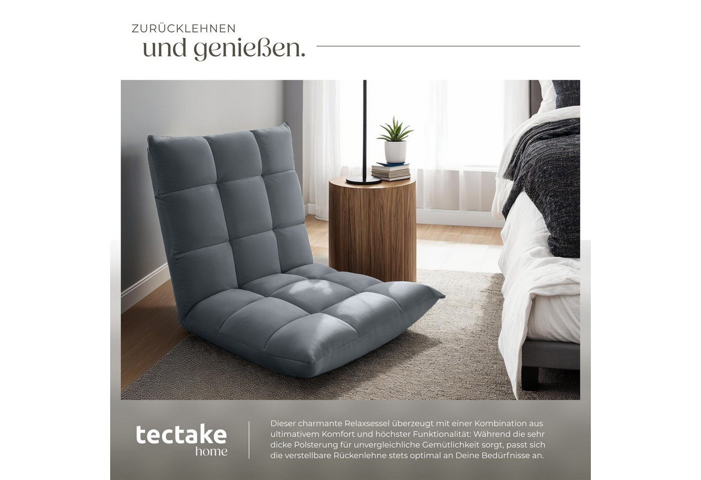 tectake Relaxsessel Polstersessel mit Samtbezug, Belastbarkeit 120 kg, 108 x 57 x 13,5 (Fernsehsessel Snooze, in Grau), 2 in 1, gepolstert, verstellbare Rückenl – Bild 3 von 5