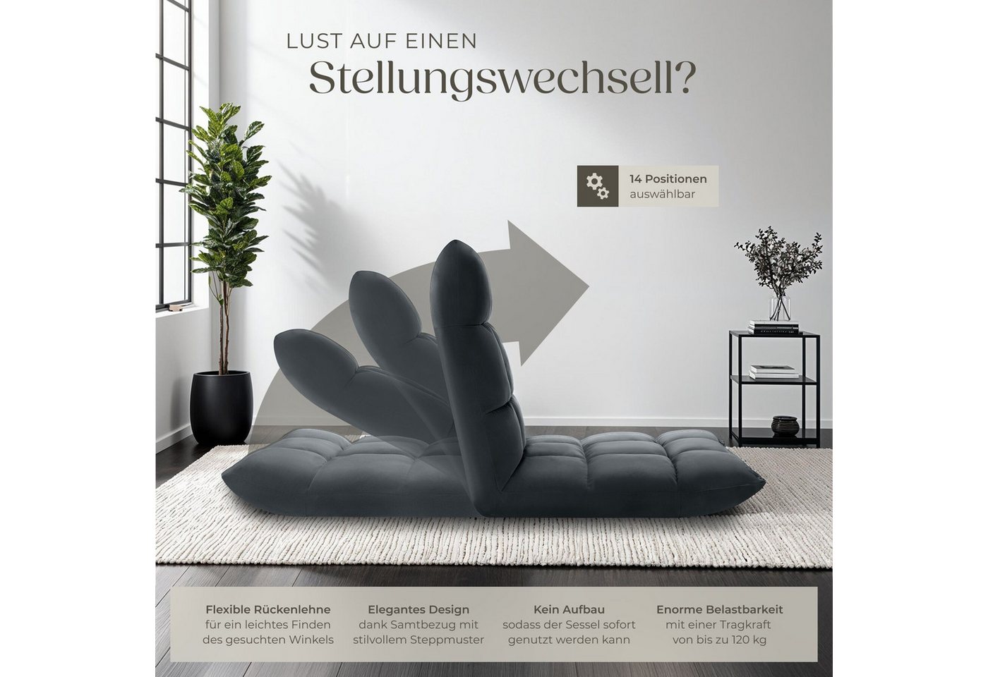 tectake Relaxsessel Polstersessel mit Samtbezug, Belastbarkeit 120 kg, 108 x 57 x 13,5 (Fernsehsessel Snooze, in Grau), 2 in 1, gepolstert, verstellbare Rückenl – Bild 5 von 5