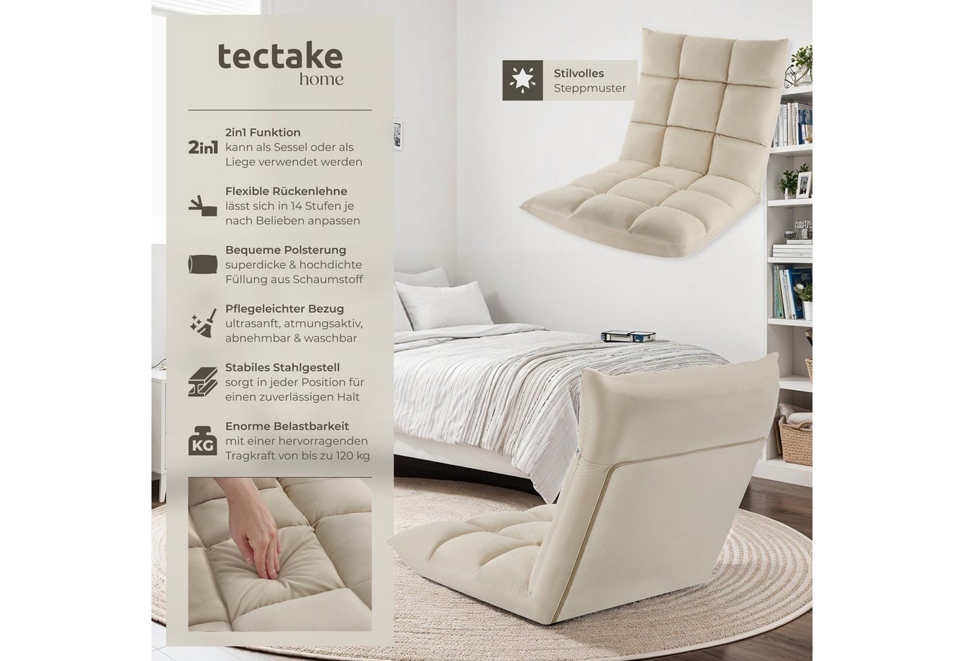 tectake Relaxsessel Polstersessel mit Samtbezug, Belastbarkeit 120 kg, 108 x 57 x 13,5 (Fernsehsessel Snooze, in Beige), 3 in 1, gepolstert, verstellbare Rücken – Bild 2 von 5