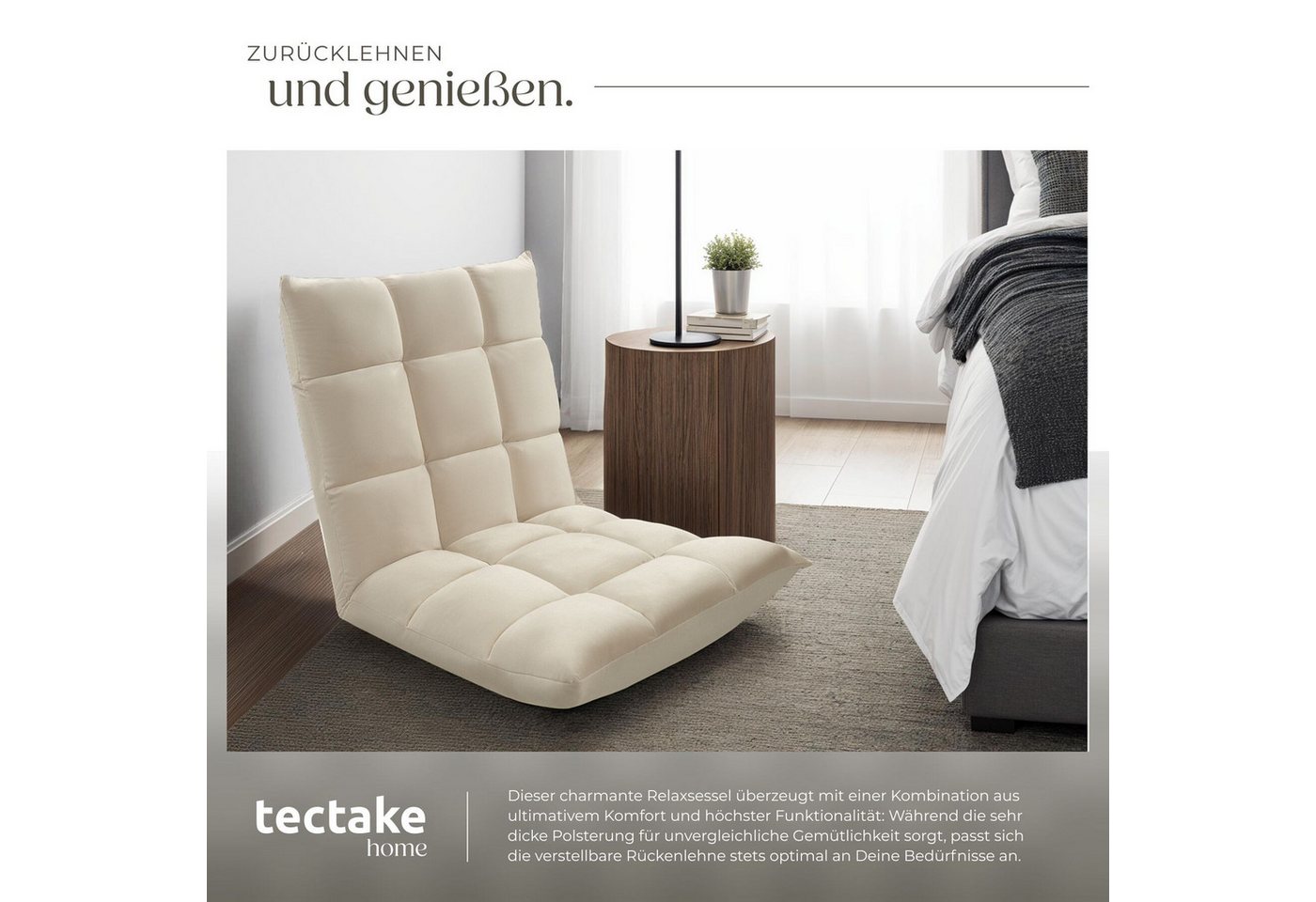 tectake Relaxsessel Polstersessel mit Samtbezug, Belastbarkeit 120 kg, 108 x 57 x 13,5 (Fernsehsessel Snooze, in Beige), 3 in 1, gepolstert, verstellbare Rücken – Bild 3 von 5