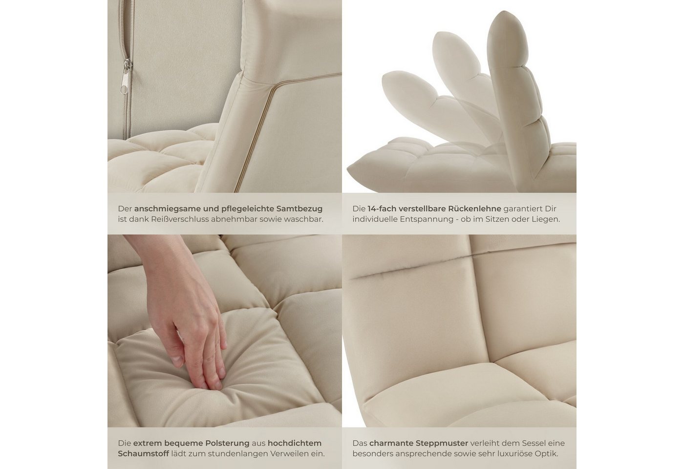tectake Relaxsessel Polstersessel mit Samtbezug, Belastbarkeit 120 kg, 108 x 57 x 13,5 (Fernsehsessel Snooze, in Beige), 3 in 1, gepolstert, verstellbare Rücken – Bild 4 von 5