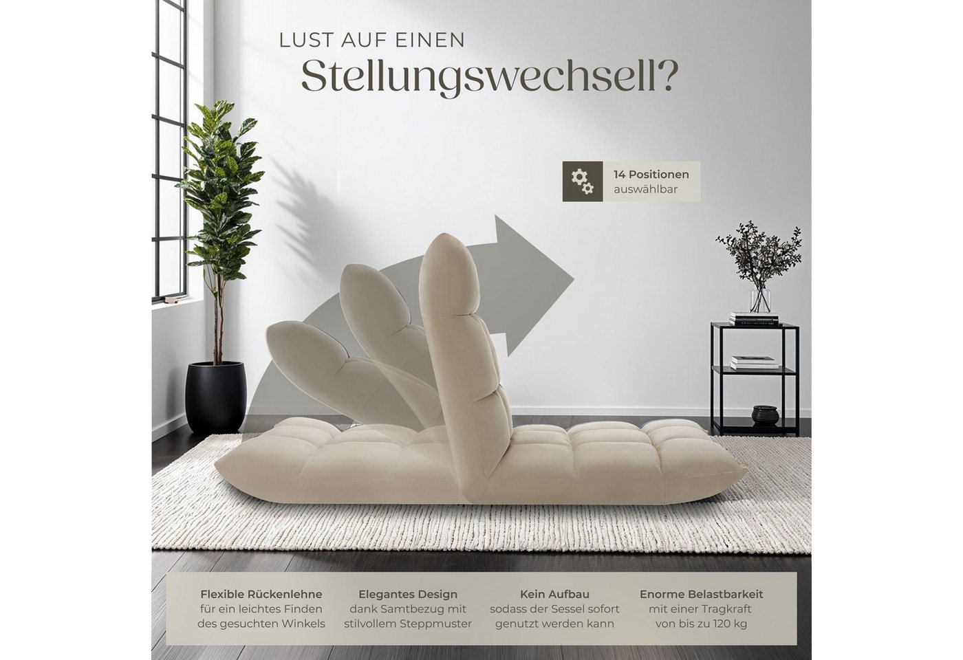 tectake Relaxsessel Polstersessel mit Samtbezug, Belastbarkeit 120 kg, 108 x 57 x 13,5 (Fernsehsessel Snooze, in Beige), 3 in 1, gepolstert, verstellbare Rücken – Bild 5 von 5