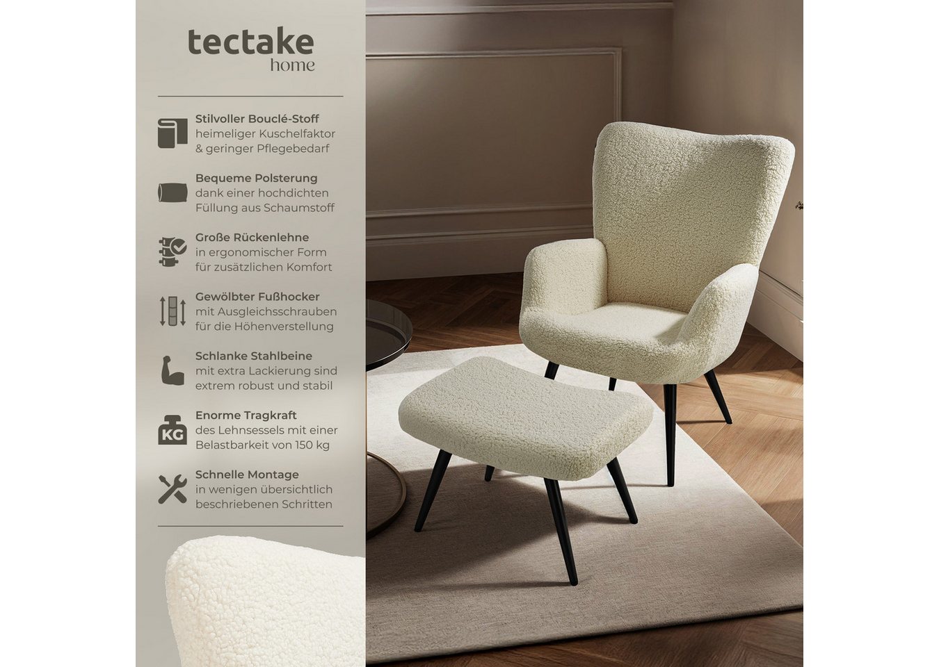 tectake Relaxsessel Polstersessel, bodenschonend, Belastbarkeit 150 kg, 72 x 76 x 100,5 (Fernsehsessel Hygge, in Bouclé Creme/Schwarz), gepolstert, Armlehnen un – Bild 2 von 5