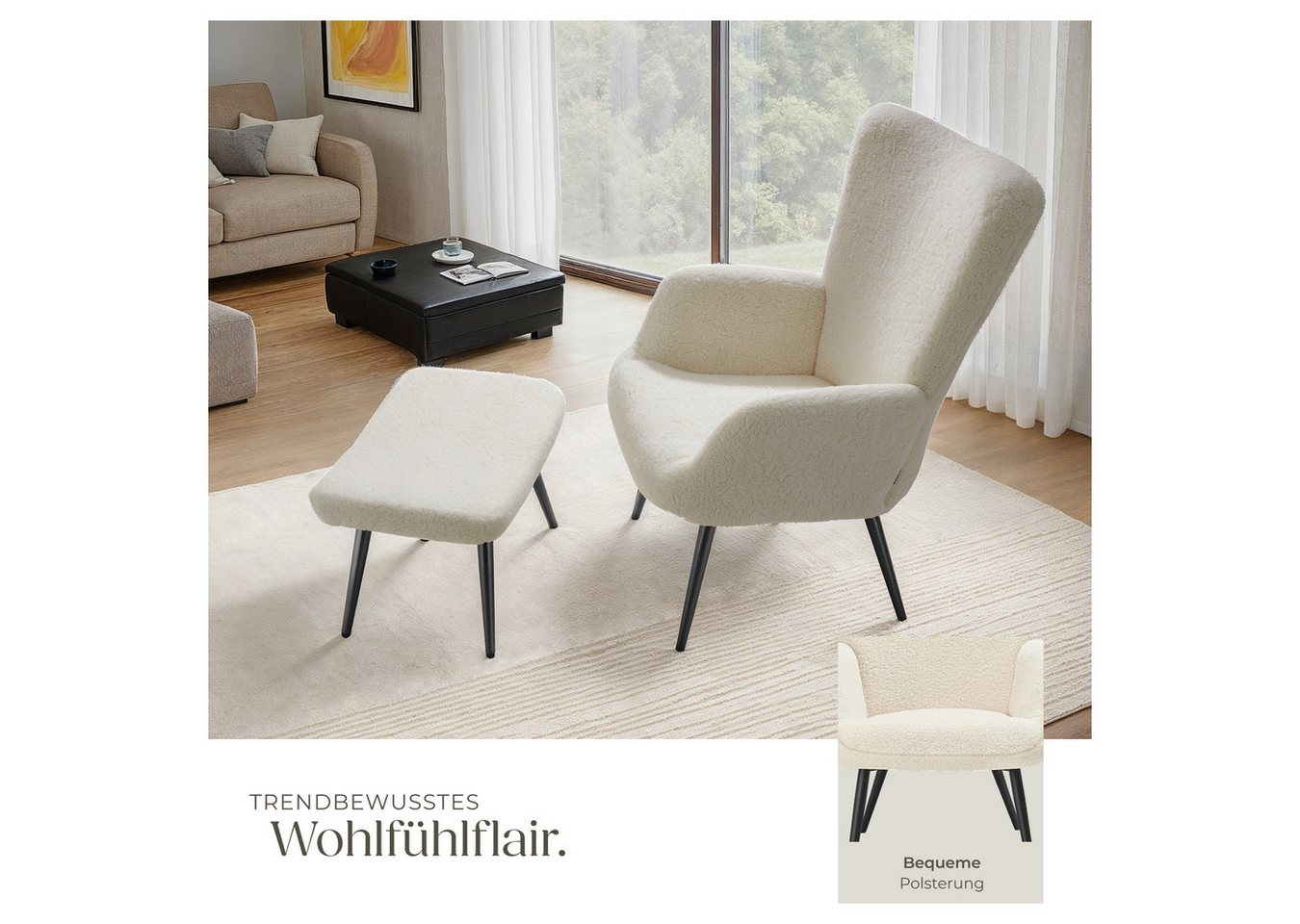 tectake Relaxsessel Polstersessel, bodenschonend, Belastbarkeit 150 kg, 72 x 76 x 100,5 (Fernsehsessel Hygge, in Bouclé Creme/Schwarz), gepolstert, Armlehnen un – Bild 4 von 5
