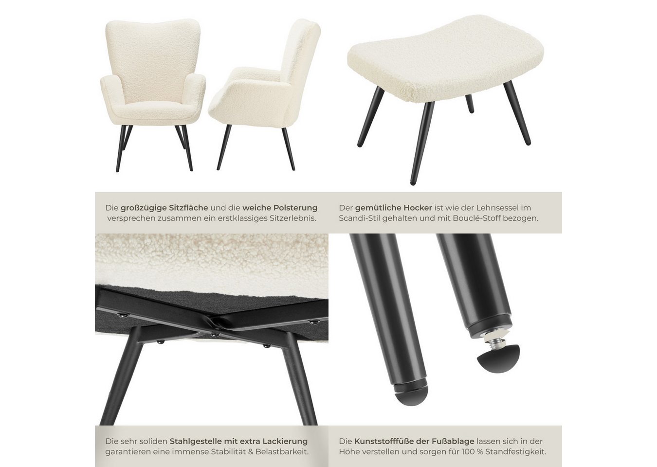 tectake Relaxsessel Polstersessel, bodenschonend, Belastbarkeit 150 kg, 72 x 76 x 100,5 (Fernsehsessel Hygge, in Bouclé Creme/Schwarz), gepolstert, Armlehnen un – Bild 5 von 5