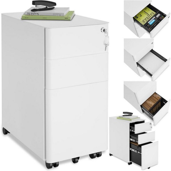 tectake Rollcontainer Aktenrollschrank, 30 x 50 x 59,5 cm, aus pulverbesch. Stahl, (Büroschrank Parvus, in weiß), 2 Schubladen, 1 Hängeregister, abschließbar