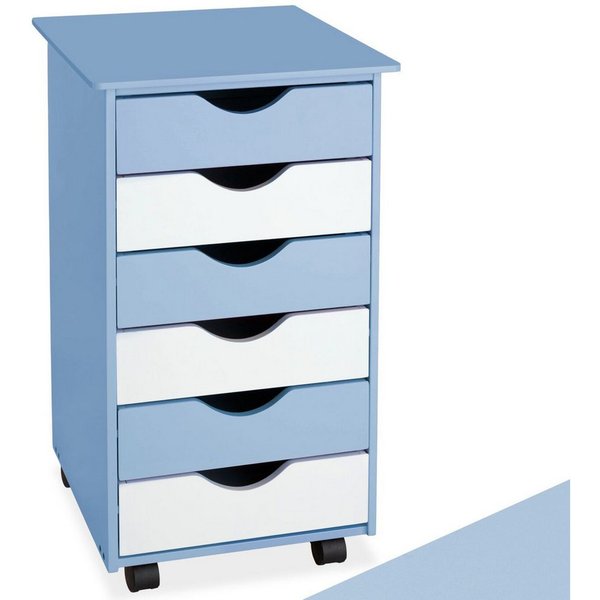tectake Rollcontainer Schreibtischcontainer 36 x 40 x 65 cm aus Holz, einfache Montage, (Bürokommode, in blau), 4 leichtgängige drehbare Doppelrollen, 6 Schubla