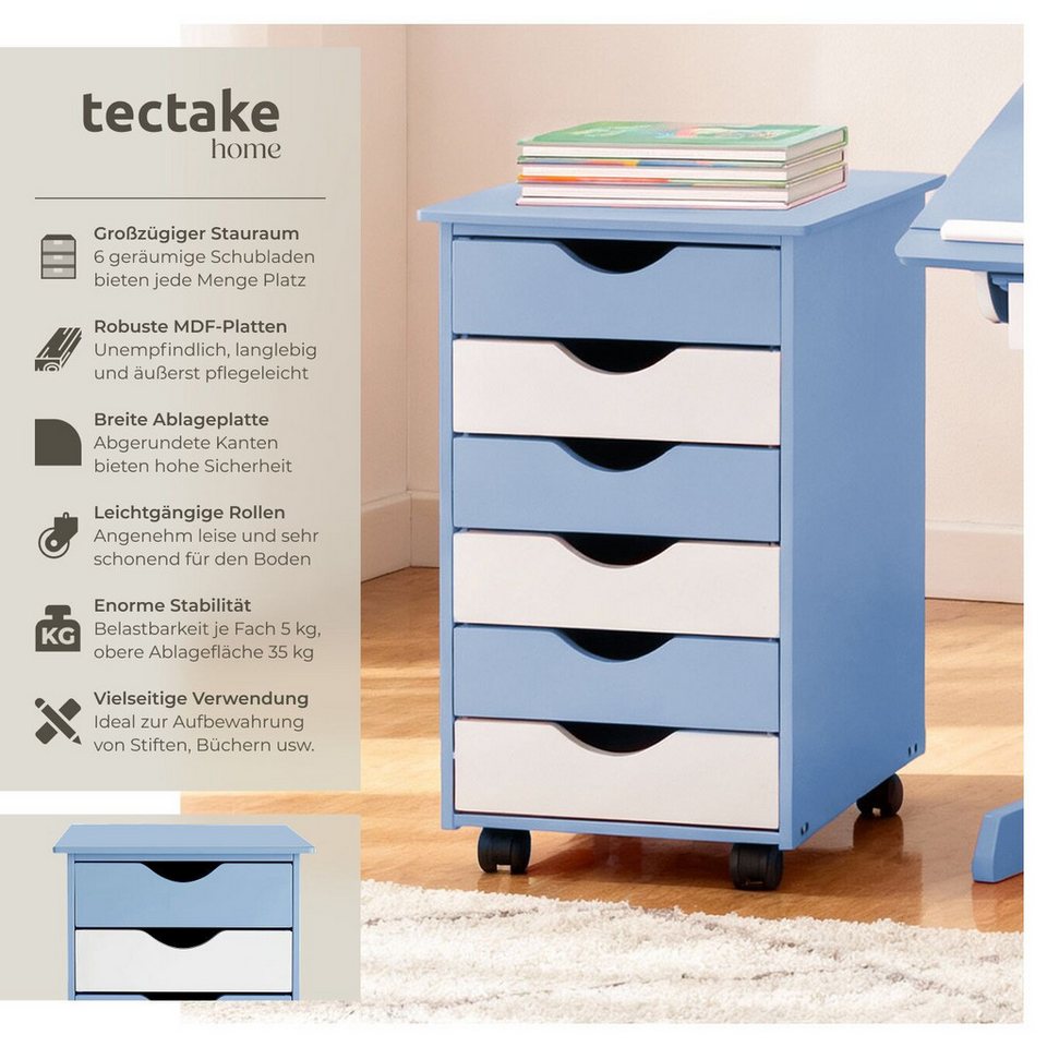 tectake Rollcontainer Schreibtischcontainer 36 x 40 x 65 cm aus Holz, einfache Montage, (Bürokommode, in blau), 4 leichtgängige drehbare Doppelrollen, 6 Schubla – Bild 2 von 5