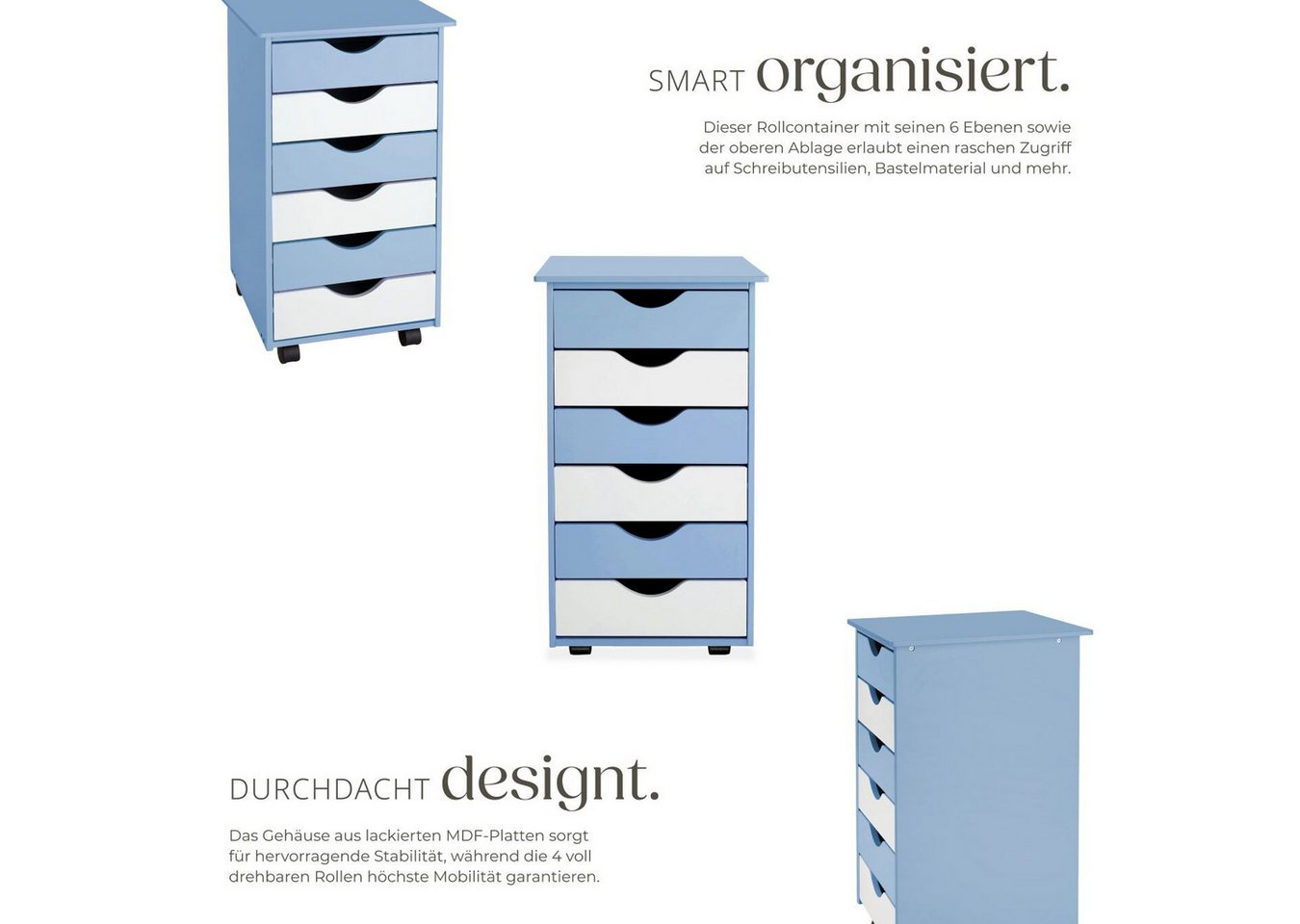 tectake Rollcontainer Schreibtischcontainer 36 x 40 x 65 cm aus Holz, einfache Montage, (Bürokommode, in blau), 4 leichtgängige drehbare Doppelrollen, 6 Schubla – Bild 3 von 5